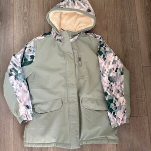 Swiss Tech Girls Winter Jacket Hooded Geometric Print Green Puffer Size L 10 12